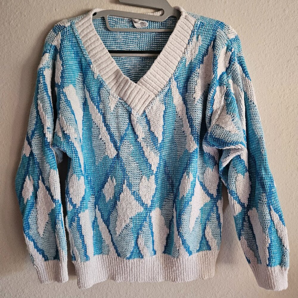 Blue White Knitted Cotton Acrylic Vneck Sweater Women's size Medium/M/44 Italy/8